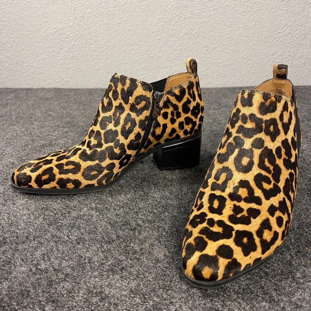 Franco Sarto Leopard Booties Womens Size 8 Calf Hair Ankle Zip Heel Pointed